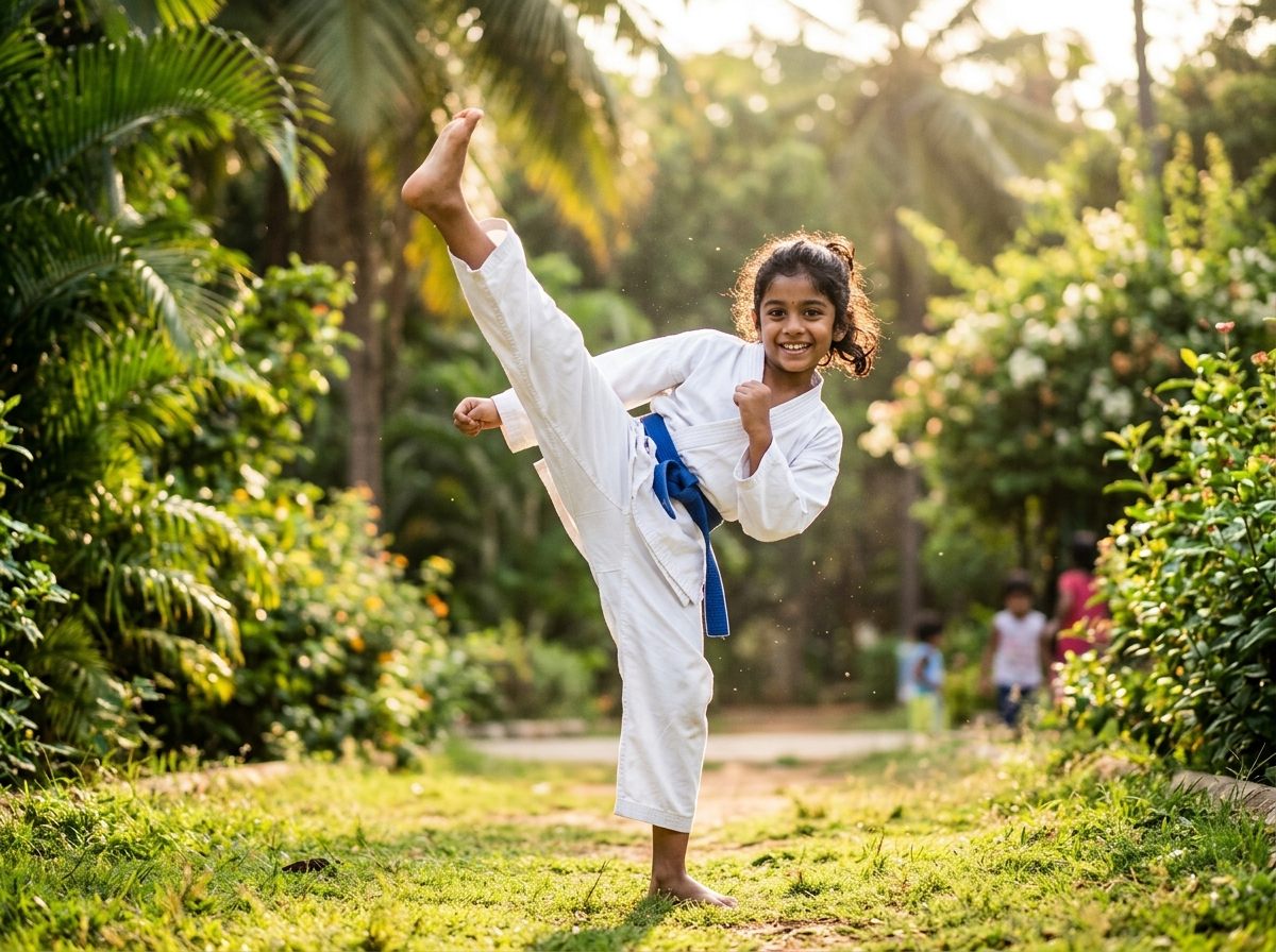 A girl in a karate uniform mid-kick in a garden