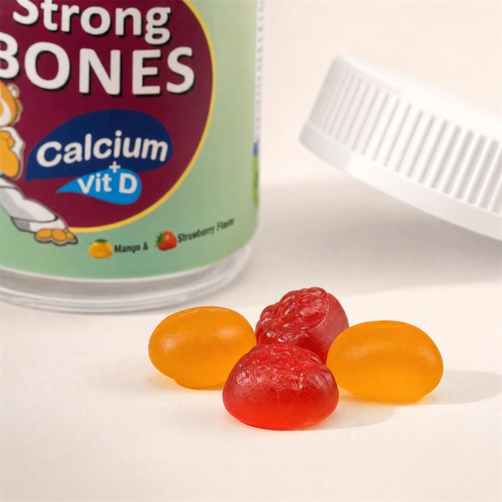 Close-up of orange and red Strong Bones gummies