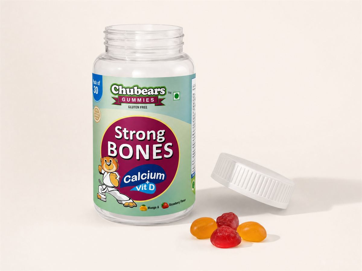 Open bottle of Strong Bones gummies with mango and strawberry gummies
