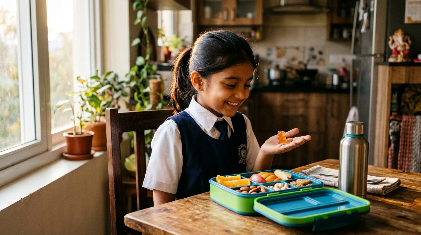 Indian schoolgirl with healthy breakfast and multivitamin gummy