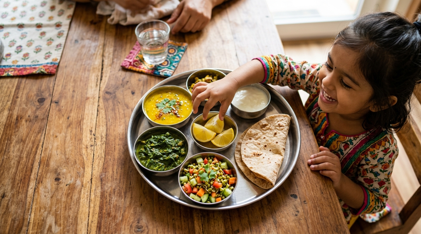 Healthy Indian girl reaching for lemon wedge with thali of dal and spinach