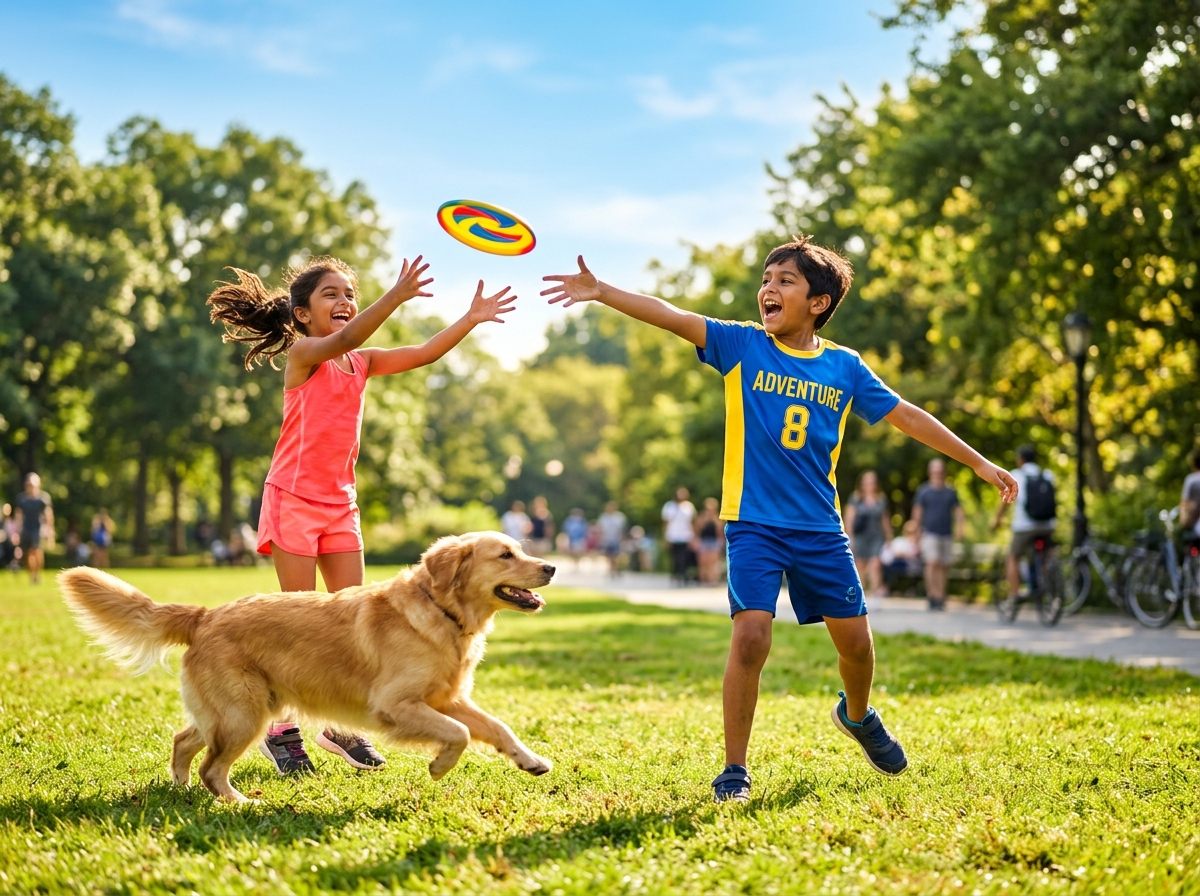Two children playing frisbee with a golden retriever