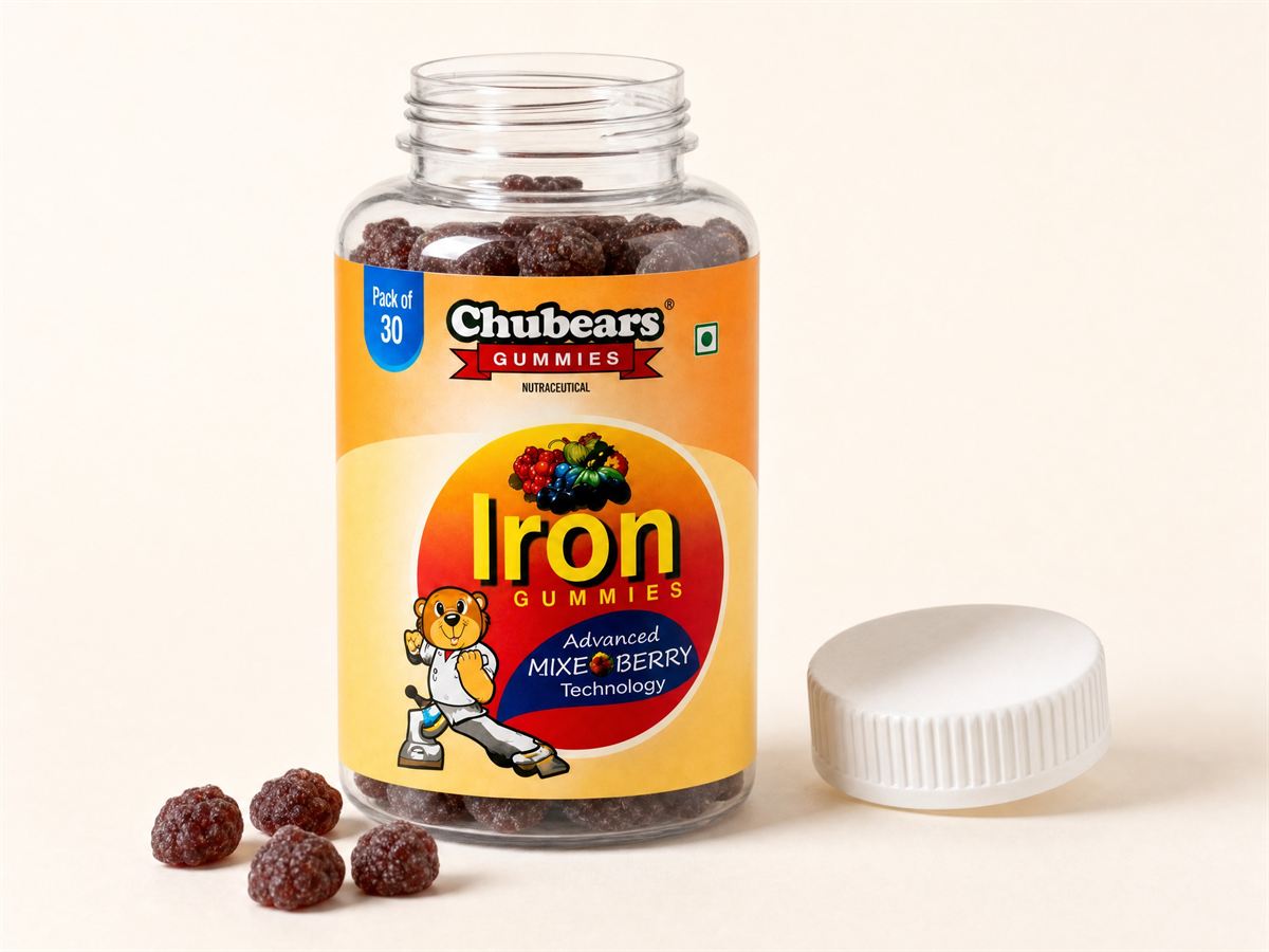 Open bottle of Chubears Iron gummies