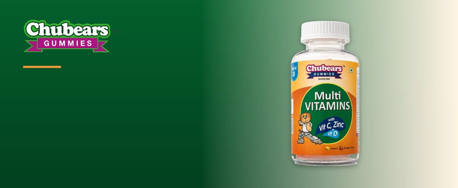 Chubears Multivitamin bottle on a green background